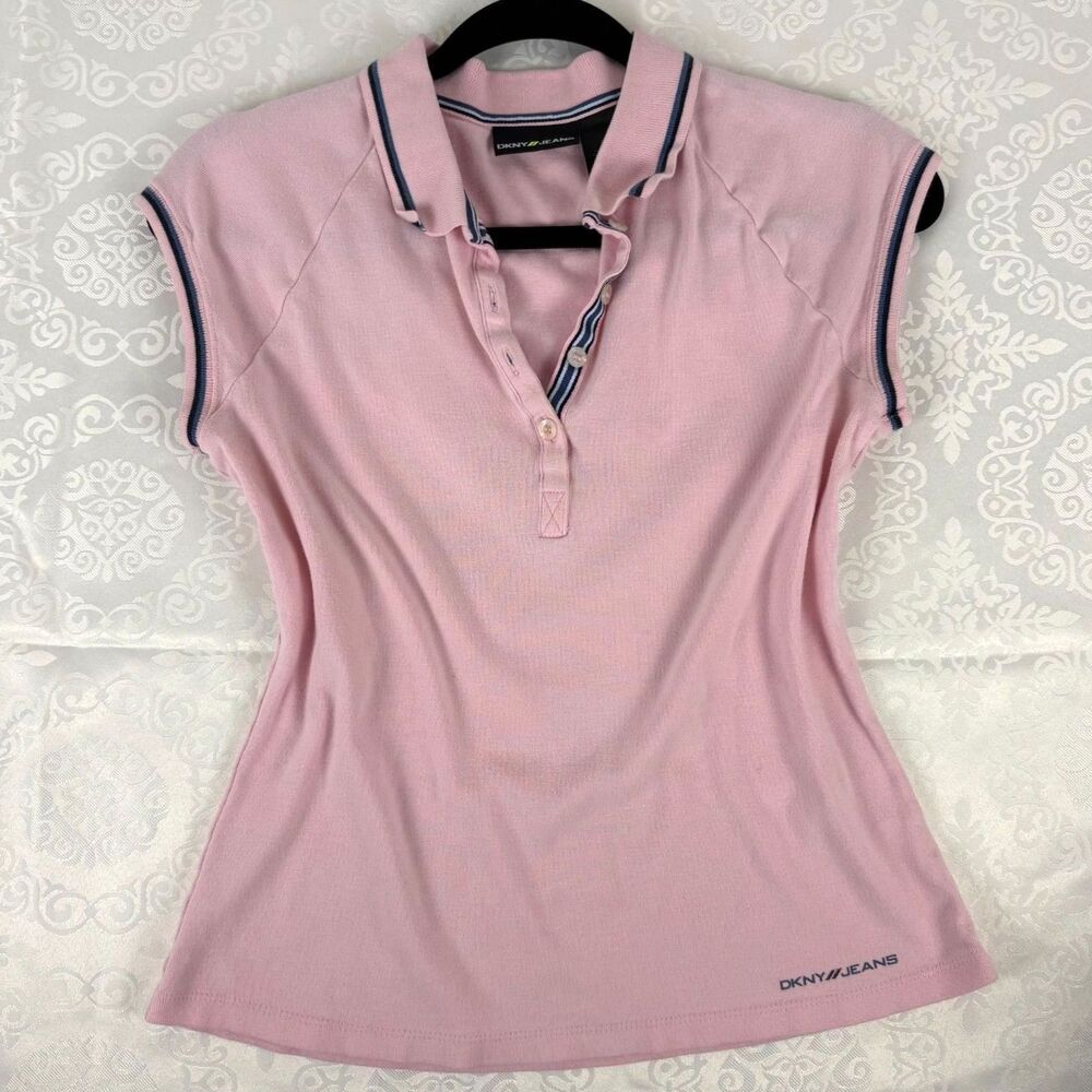 DKNY Polo Baby Tee Collar Pink Preppy Vintage 100% Cotton Y2K Sporty Size Med